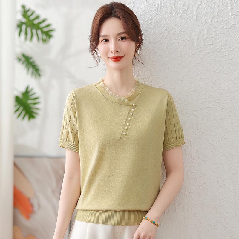 

Elegant Ice Silk Knit Top - Short Sleeve National Style T-Shirt for Moms and Seniors XL (100-110 jin)