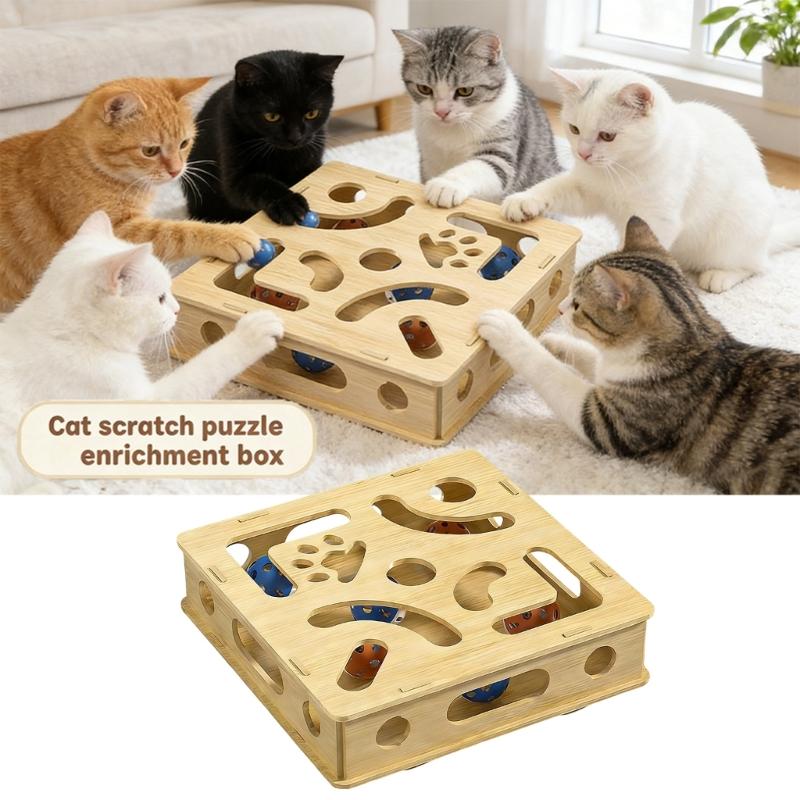 Stable Interactively Wooden Cats Scratching Toy Puzzle Mazes and Bells Ball for Engaging Playing and Natural Claws Care