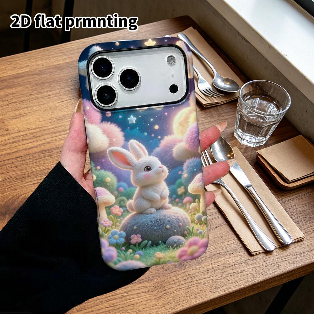Phone Case: 2D Flat Design Suitable for iPhone 18 17 16 15 14 13 Pro Protective Case, White Rabbit Under the Starry Sky, Perfect Christmas and Hallowe