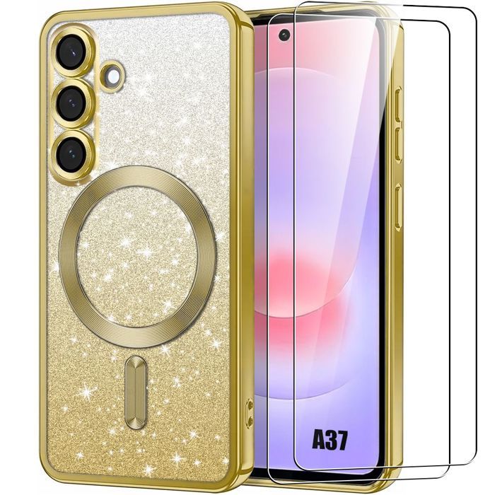 Coque pour Samsung Galaxy A37 5G, Protection Paillette Cercle Magnétique - Doré - 2 Verres Trempés