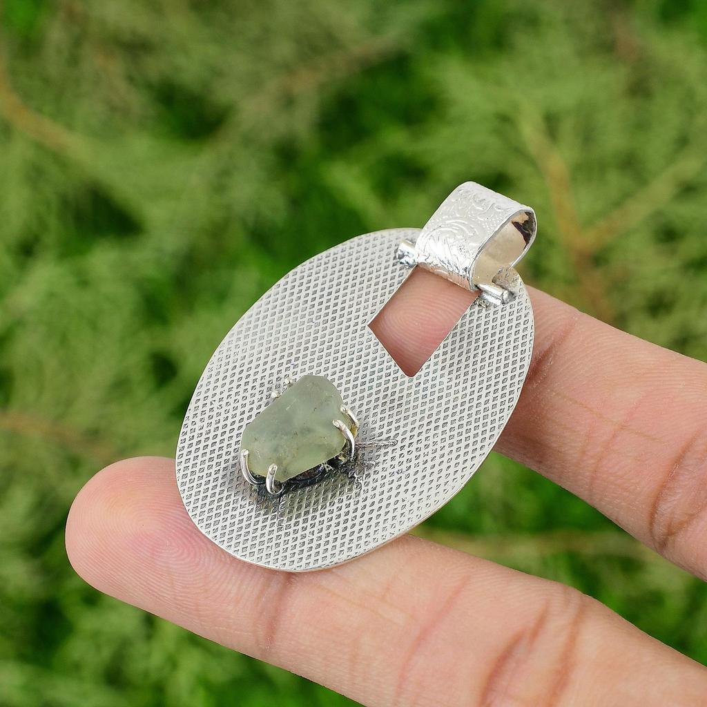 Daughters Day Sale 925 Sterling Silver Natural Prehnite Rough Bezel Boho Pendant