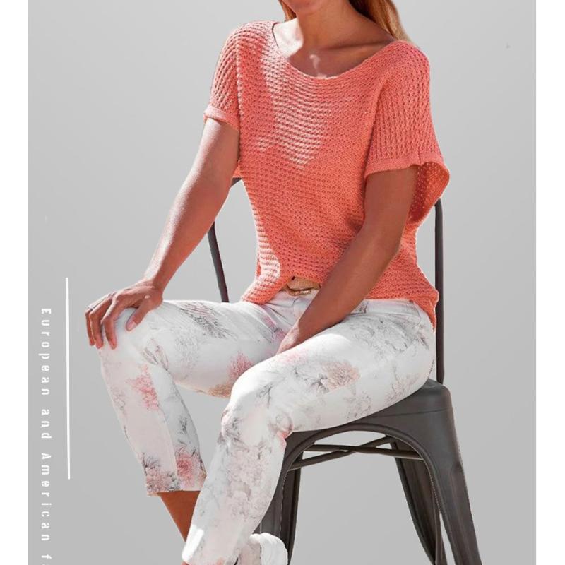 Fashion Casual Crew Neck Solid Color Knitted Sweater Loose Short Sleeve Women's Top