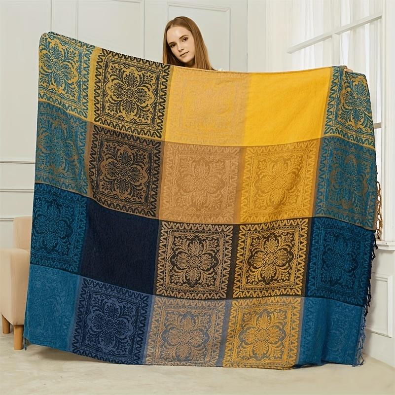 

Mystic Mandala Chenille Throw Bohemian Inspired All Season Sofa Bed Blanket Colorful Fringe Decor Washable Tear Resistant 150X190cm синій