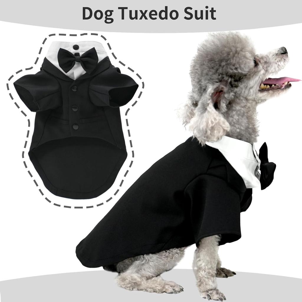 Dog Tuxedo Suit, Formal Pet Shirt Costume Wedding Attire with Black Bow Tie, Pet Outfit Apparel for Small Dogs Cats (Black, Large)
