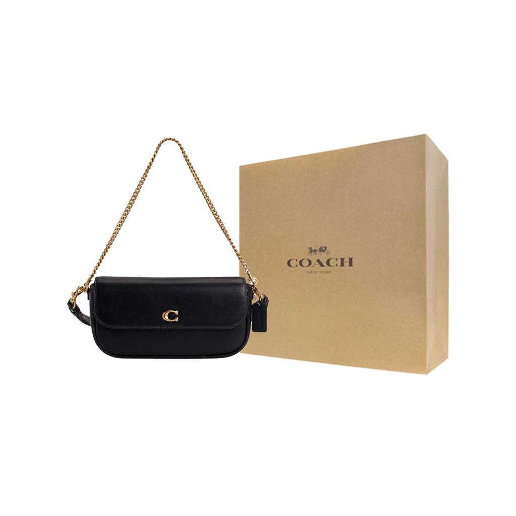 Coach Brook Flap 24 Metal Logo Detachable Shoulder Strap Leather Shoulder Bag Medium Women Shoulder Bag Black CAN90-B4BK