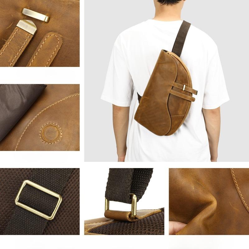 Men's Chest Bag, Retro Crazy Horse Leather, High-end Small Crossbody Bag, Clasp Design, Fashionable Single-shoulder Bag