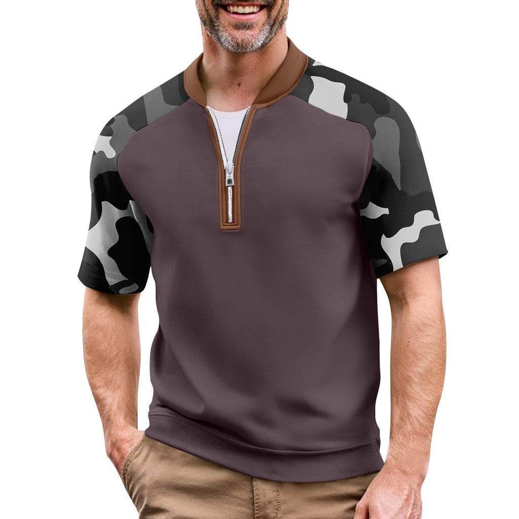 Men's Summer Camouflage Color Casual T-shirt Sports Breathable Zipper Collar Top