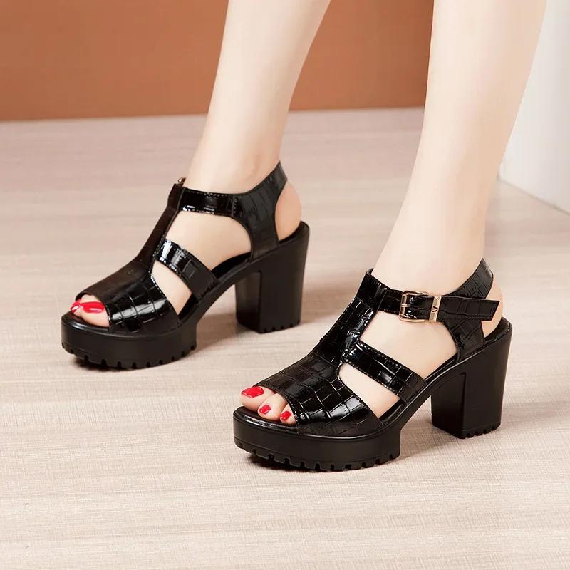Beach Platform Sandals Patent Leather Shoes 2024 Summer Elegant Block High Heels Sandals Women for Office Mom