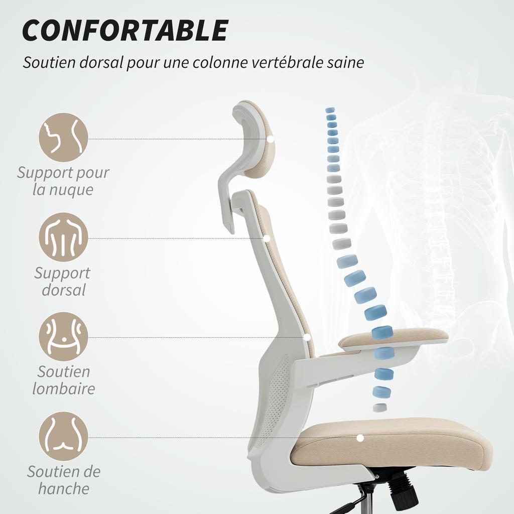 Ergonomic Office Chair, Adjustable Armrests, Lumbar Support, Headrest, 60 x 63 x 120 cm, Beige