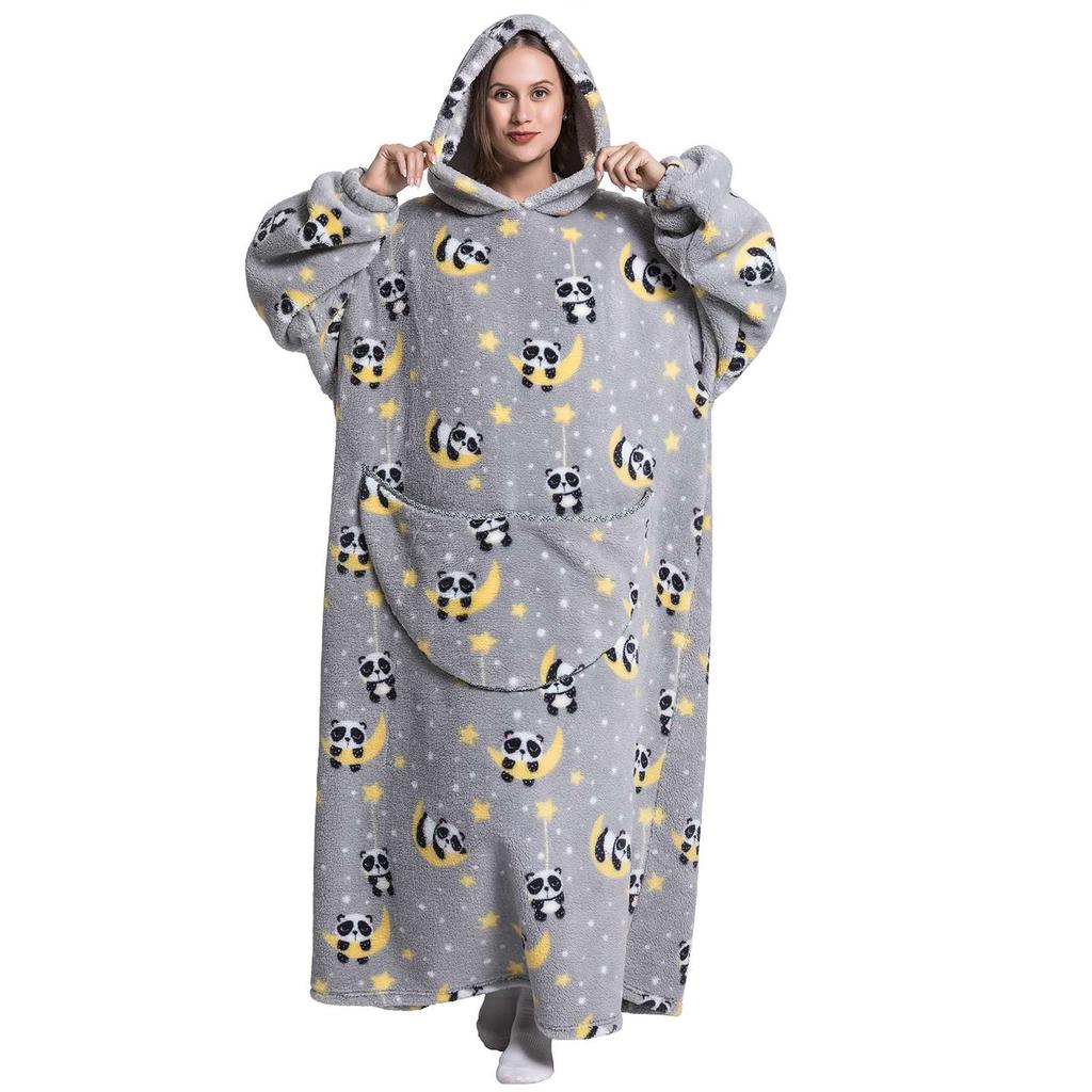 Giyilebilir Battaniye Kadın Ev Yumuşak Flanel Rahat Baskılı Cepli Büyük Boy Kapşonlu Sweatshirt