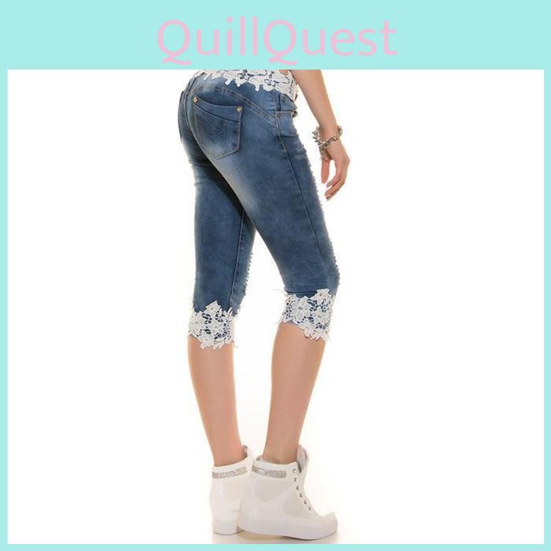 Stylish Women Jeans Lace Elastic Casual Big Size Cowboy Denim Shorts For Daily Wear
