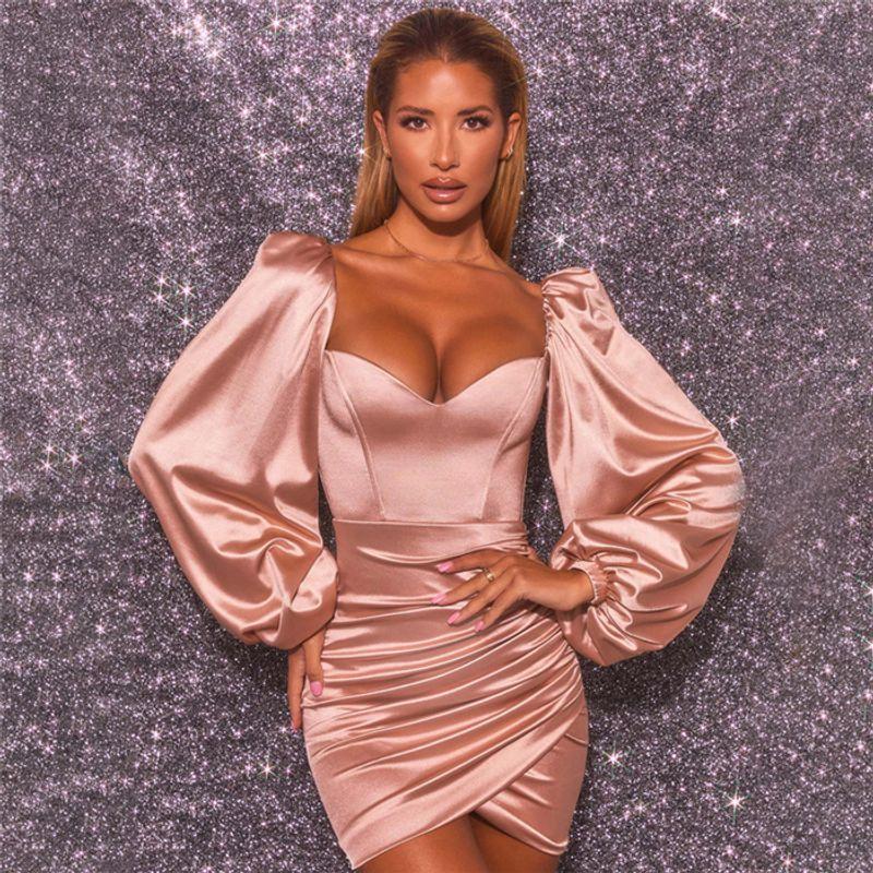 

Европейское и американское сексуальное платье-футляр с длинным рукавом, облегающее фигуру, из атласа, с короткой юбкой, сексуальное мини-платье в обтяжку Pink S