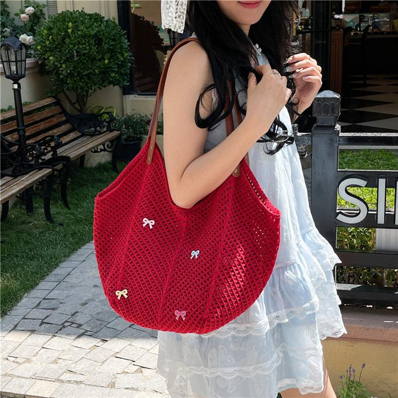 

Sweet Bow Women s Vacati Beach Tote Handbags Casual Knitted Ladies Portable Shoulder Bags Cute Bowknot Female Shopping Bag червоний