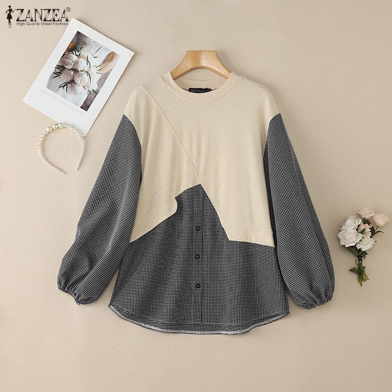 ZANZEA Women Casual Round Neck Long Sleeve Loose Patchwork Blouse