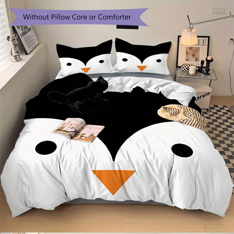 3pcs Set Penguin Minimalist 1 Quilt Cover + 2 Pillowcases, All Seasons Bedroom Setting, Perfect for Home and Dorm Decor