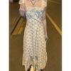 Sweet blue floral suspender dress for women's elegance in summer, new high-end lace lace waist dress