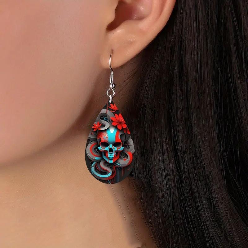 Halloween Themed Flower Skull Patterns Water Droplet Shaped Women Earrings