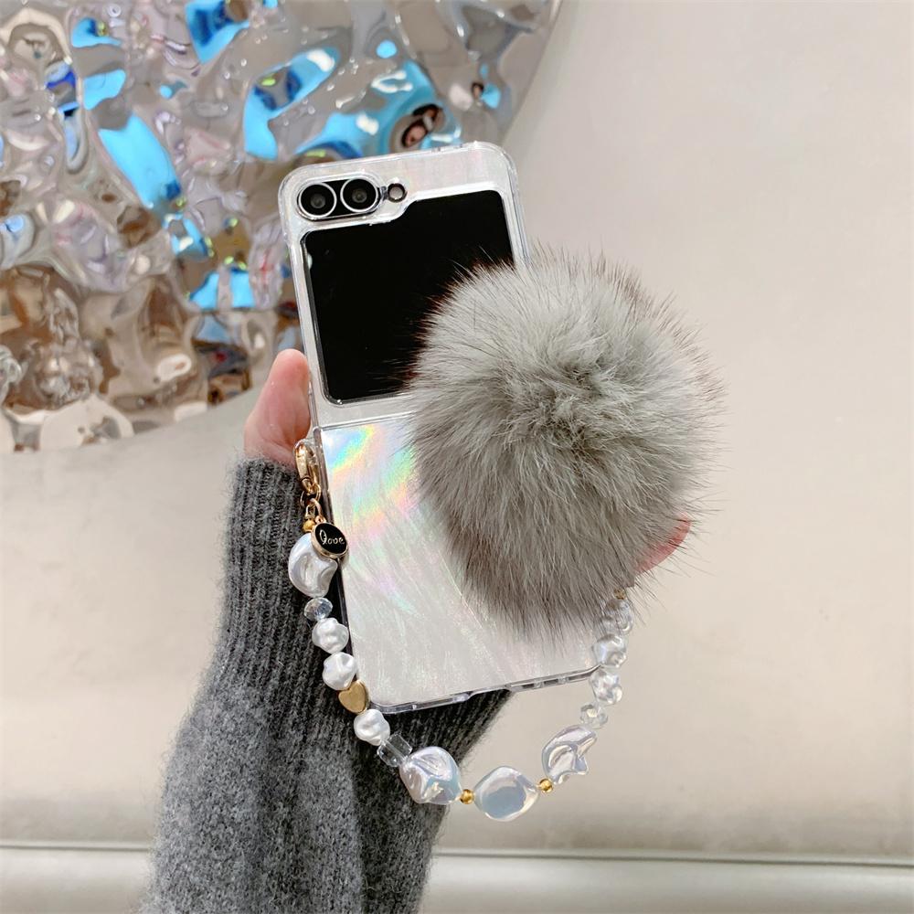 Aurora Gradient Hairball Bracelet Case for Samsung Galaxy Z Flip 6 5 4 3 flip6 Furry Wrist Chain Laser Colorful Shockproof Cover