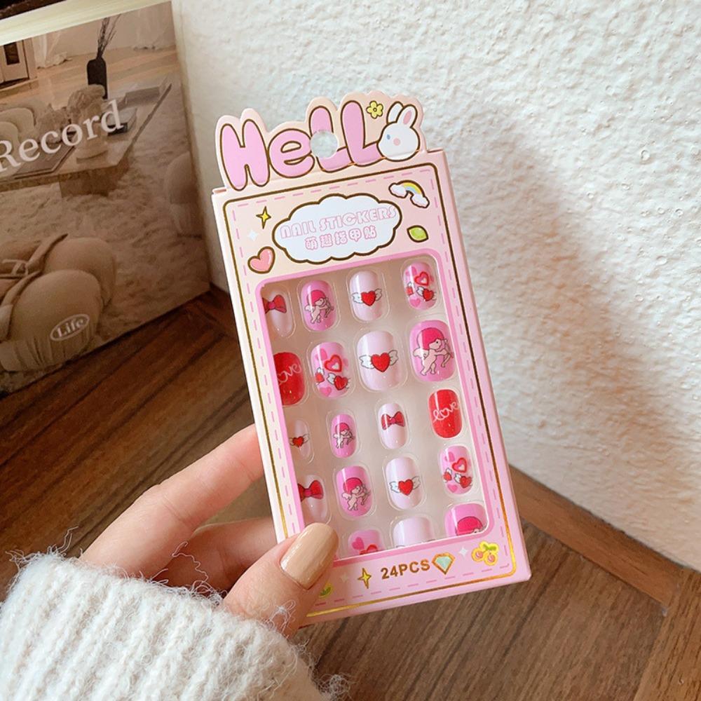 Cute Children Wearing Nails Cherry Love Heart Nail Tips Hot Long Nail Sticker for Girls Students