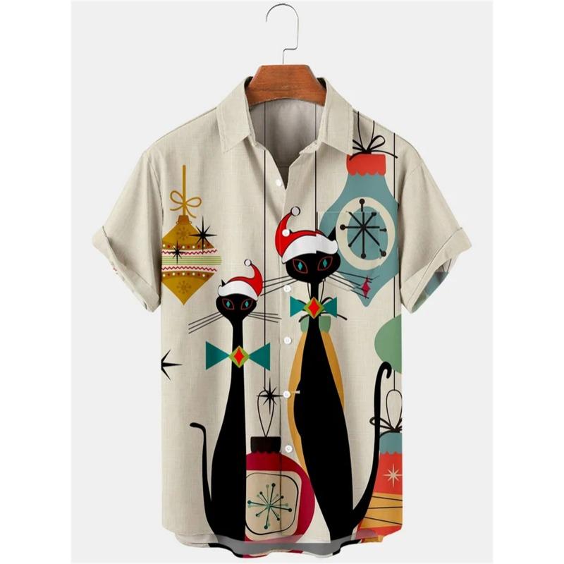 

Мужская рубашка с коротким рукавом с абстрактным принтом кота, гавайская мужская модная рубашка с лацканами, повседневная мужская рубашка больших размеров L