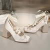 Brand Design Square High Heeled Cross-tied Ballerina Pumps Satin Beige Lace-up Sweet Lolita Mary Janes Ballet Shoes Women