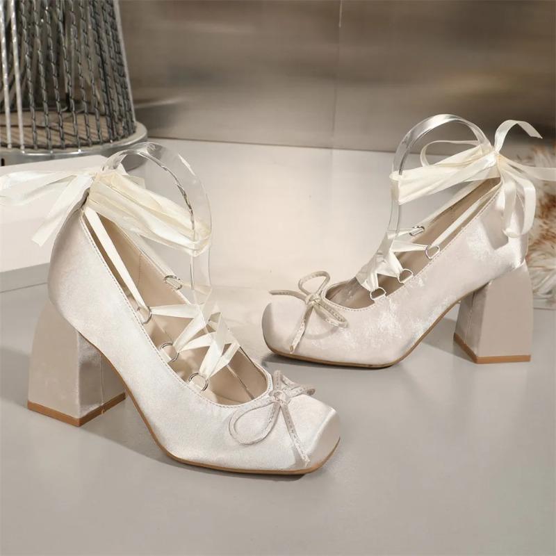 Brand Design Square High Heeled Cross-tied Ballerina Pumps Satin Beige Lace-up Sweet Lolita Mary Janes Ballet Shoes Women