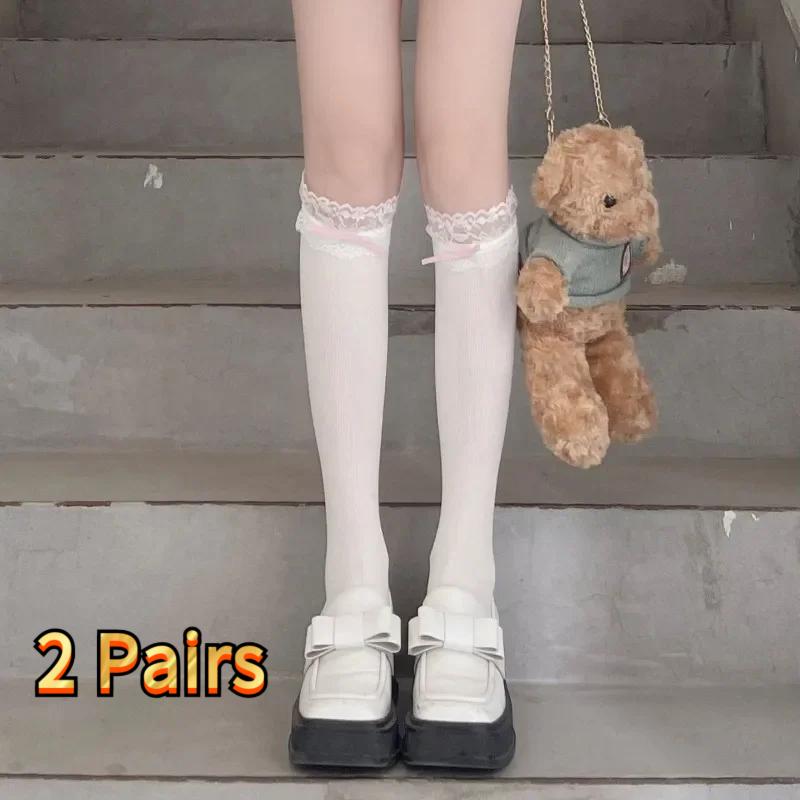 2 Pairs Women Lolita Lace-edge Bow Velvet Stockings Mid Leg Socks Thin Breathable Soft Cute College Style Kawaii Calf Socks