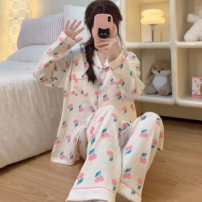 Cherry Print Harajuku Style Women Pajama New Autumn Winter Homewear Sweet Cute Casual Long Sleeve Pajamas Set