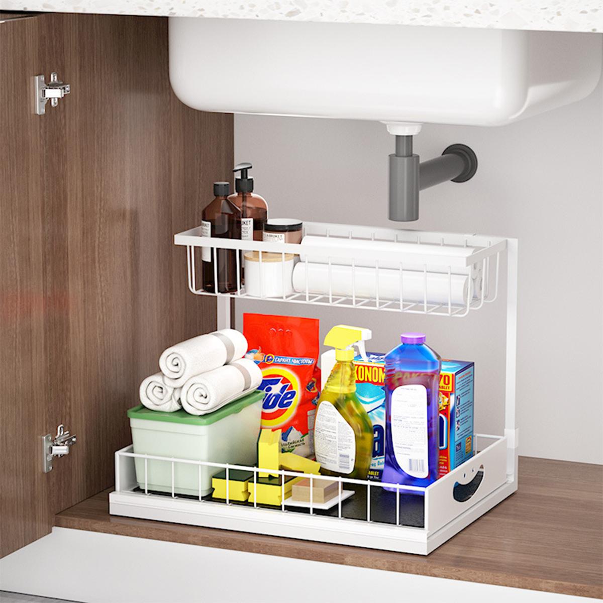 

Under Sink 2 Tier Sliding Cabinet Basket Organizer Drawer Pull-Out Cabinet Organizer For Bathroom and Kitchen белый