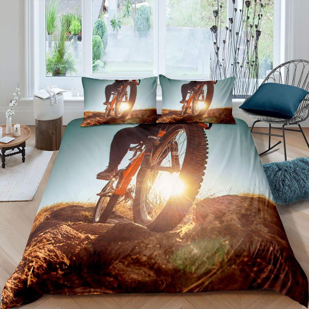 Bicycle Duvet Cover Set Motocross Racer Bedding Set King Size Mountain Bike Comforter Cover Extreme Speed Sports Bedspread Cover