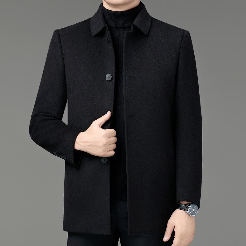 

Двустороннее шерстяное кашемировое пальто для мужчин, средней длины, с утолщенной подкладкой из меха кролика рекс, шерстяное пальто с лацканами для мужчин среднего возраста 195