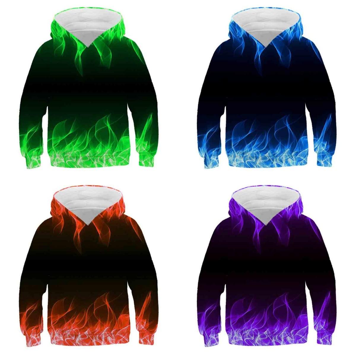 

4-13Y Мальчик Девочка Мода 3D Толстовка с капюшоном Фиолетовый Красный Синий Зеленый Цвет Пламя Печать Дети Толстовка Дети Повседневная Одежда Пуловер