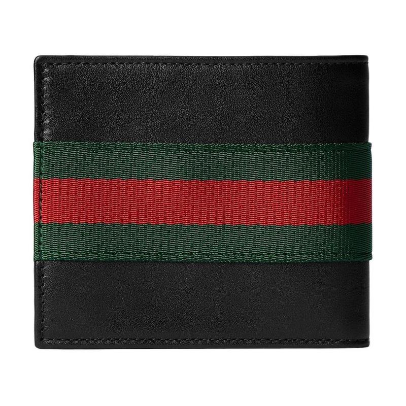 Gucci Red and green stripe decoration leather wallet men's black