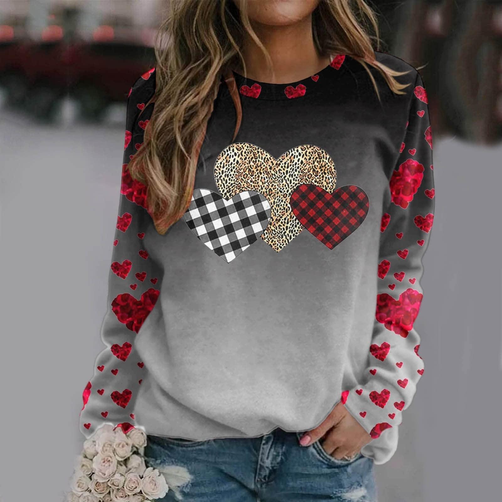 

Женский повседневный пуловер с круглым вырезом и длинными рукавами, футболка с принтом ко Дню святого Валентина, топ L серый