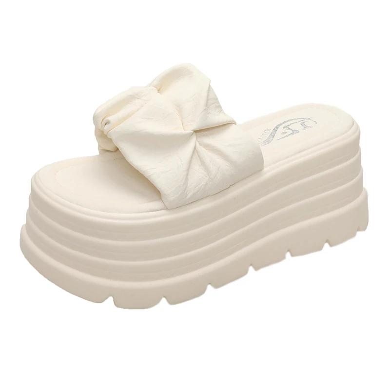 

Fashion 8CM Summer Women Slippers New Pleated Thick Sole Dad Shoes Casual High Platform Slides Leisure Outside Flip-Flops Sneakers Woman 34 бежевый