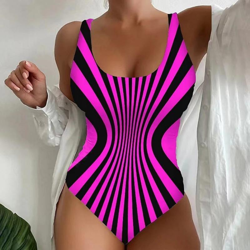 Costume da bagno intero da donna rosa acceso con stampa astratta, scollo quadrato, sgambatura alta