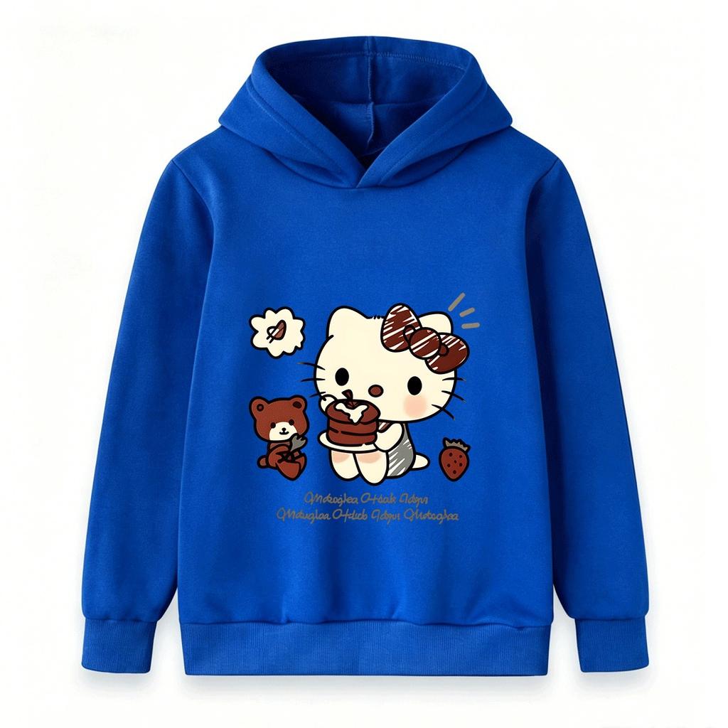 Kids Boys Girls Hooded Pullover Sweatshirt Cute Cartoon Cat Print Chocolate Cake Bear Strawberry Casual Soft Loose Hoodie for Toddlers