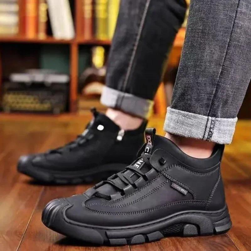 Winter Men's Shoes Fashion Leather Casual Shoes Plush Warm Snow Boots Winter High-top Sneakers for Men Hiking Shoes Botas Hombre