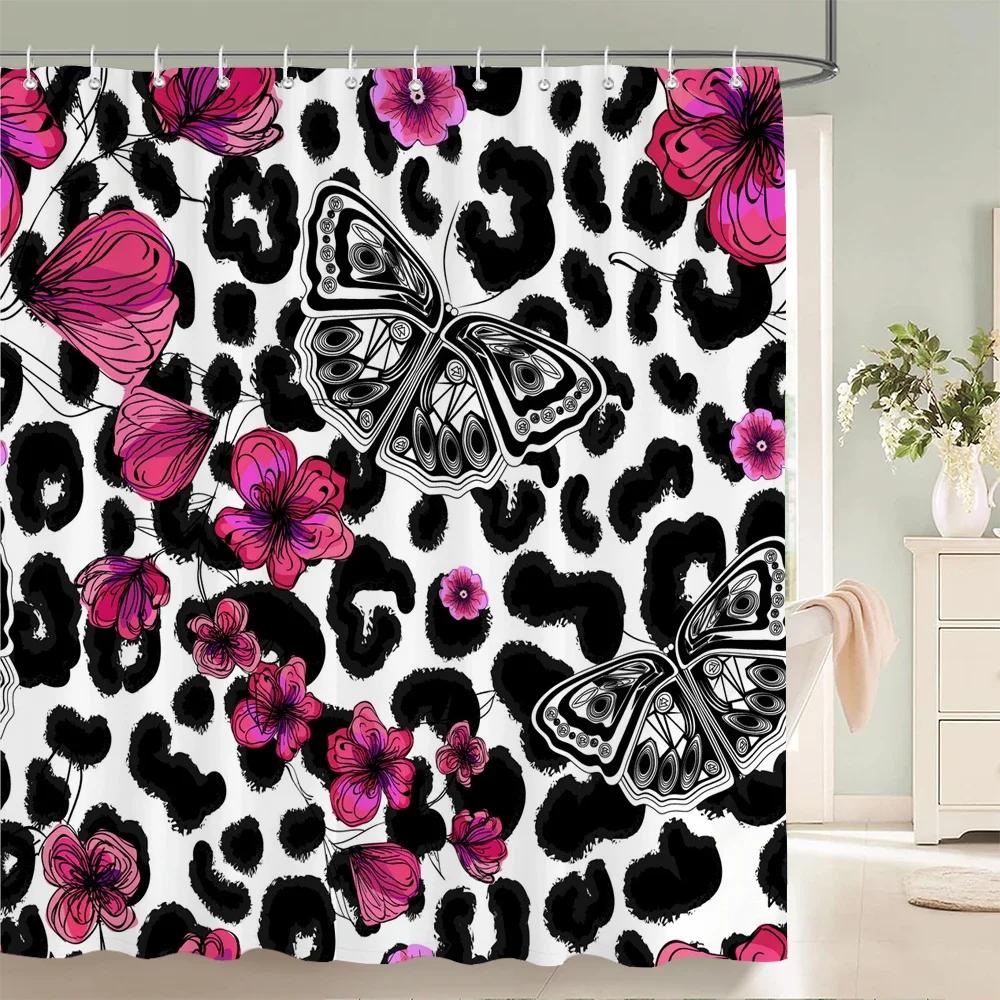 Beautiful Flowers Shower Curtain Butterfly Birds Printed Bathroom Curtains Polyester Fabric Home Decor Bathtub Screen with Hooks