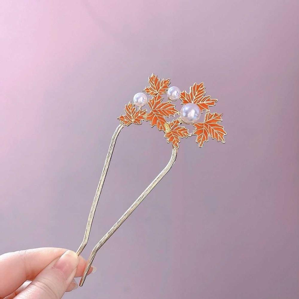 1pc Exquisite Fashion Dynasty-Inspired Pearl Maple Leaf U-Pin Modern Chinese Metal Hair Barrette Delicate Heritage Hair Jewelry