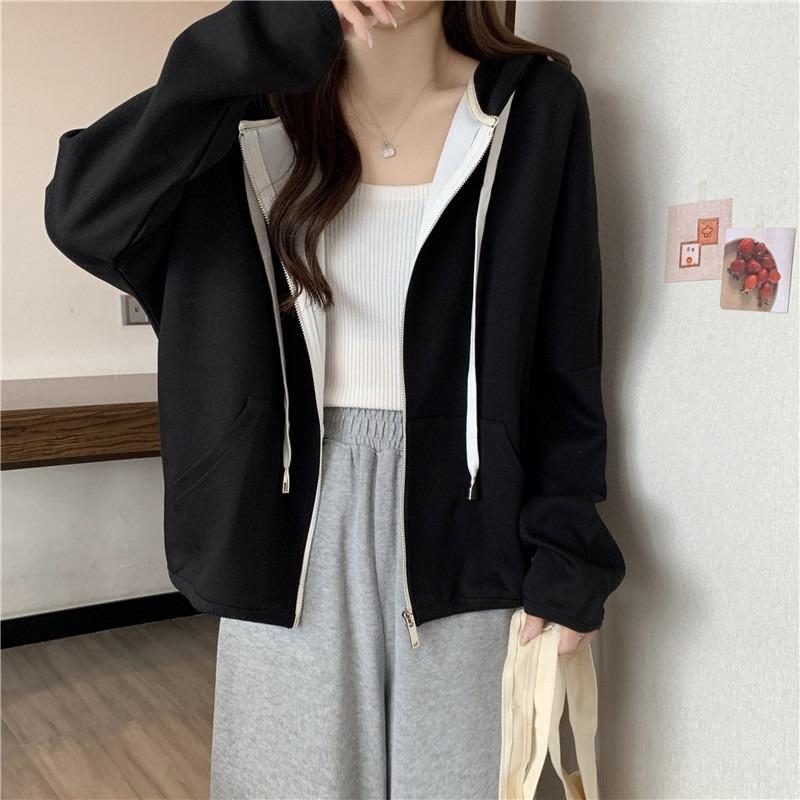 Real sweater women's thin long-sleeved loose top hooded cardigan zipper jacket
