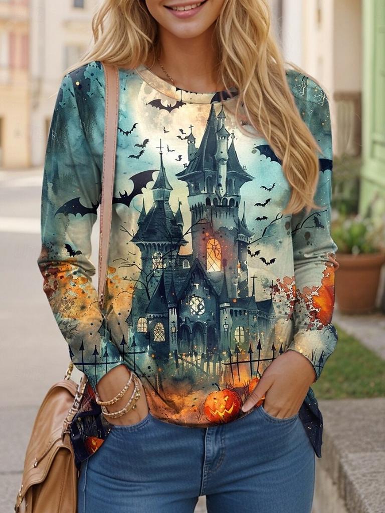 Women's All-match Halloween Shirt 3D Printed Little Ghost Pumpkin Combination Print Round Neck Long Sleeve Polyester Fabric Top