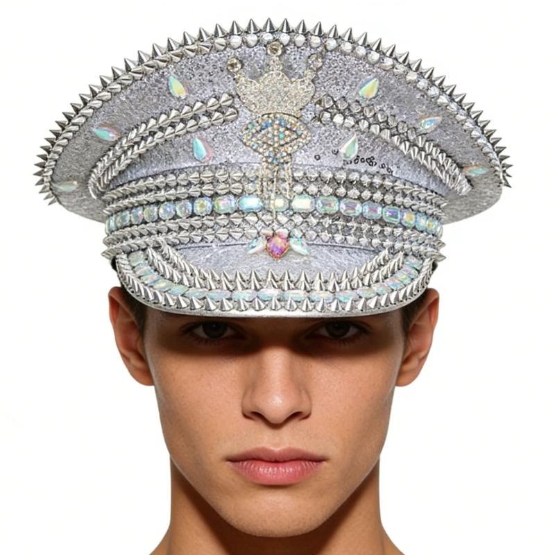 Captain Cap With Sparkling Crystals Sequins Rivet Studdeds For Daily Wear Outdoor Event And Special Occasion Photoshoots