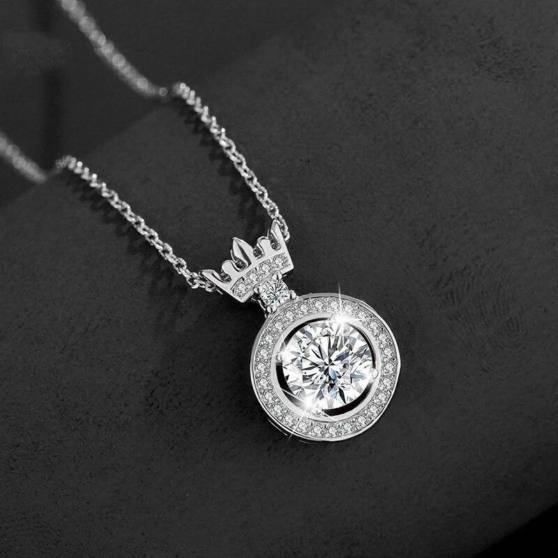 14K White Round Moissanite Necklace Pure Silver Crown Pendent Necklace For Women Wedding Engagement Jewelry Gift