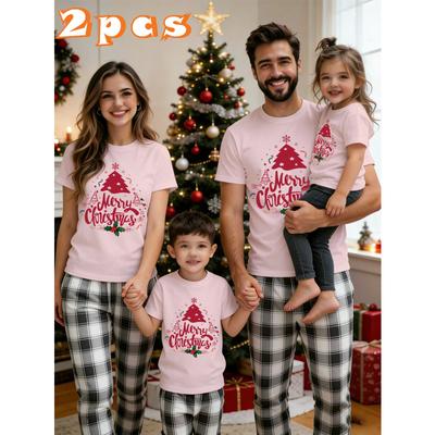 2026 New Year Family Loungewear Set, Soft Fabric Short Sleeves & Trendy Plaid Bottoms, Perfect for Lazy New Year Days At Home