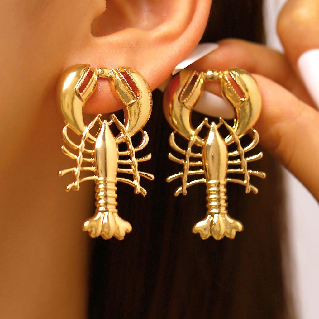 European & American Beach Resort Alloy Drip Oil Red Lobster & Blue Crab Earrings for Women