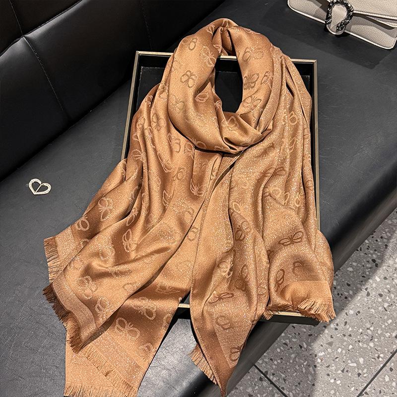 Simulation Silk Fashionable And Elegant High-End Long Silk Scarf Short Beard Shawl Long Scarf Tencel Cotton Gold Silk Scarf