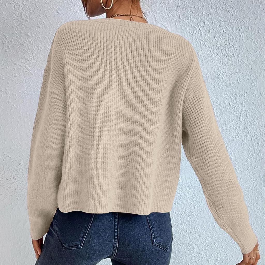 Women's Fashion Casual Crewed Neck Pullover Long-Sleeve Bolded Knit Sweater Top