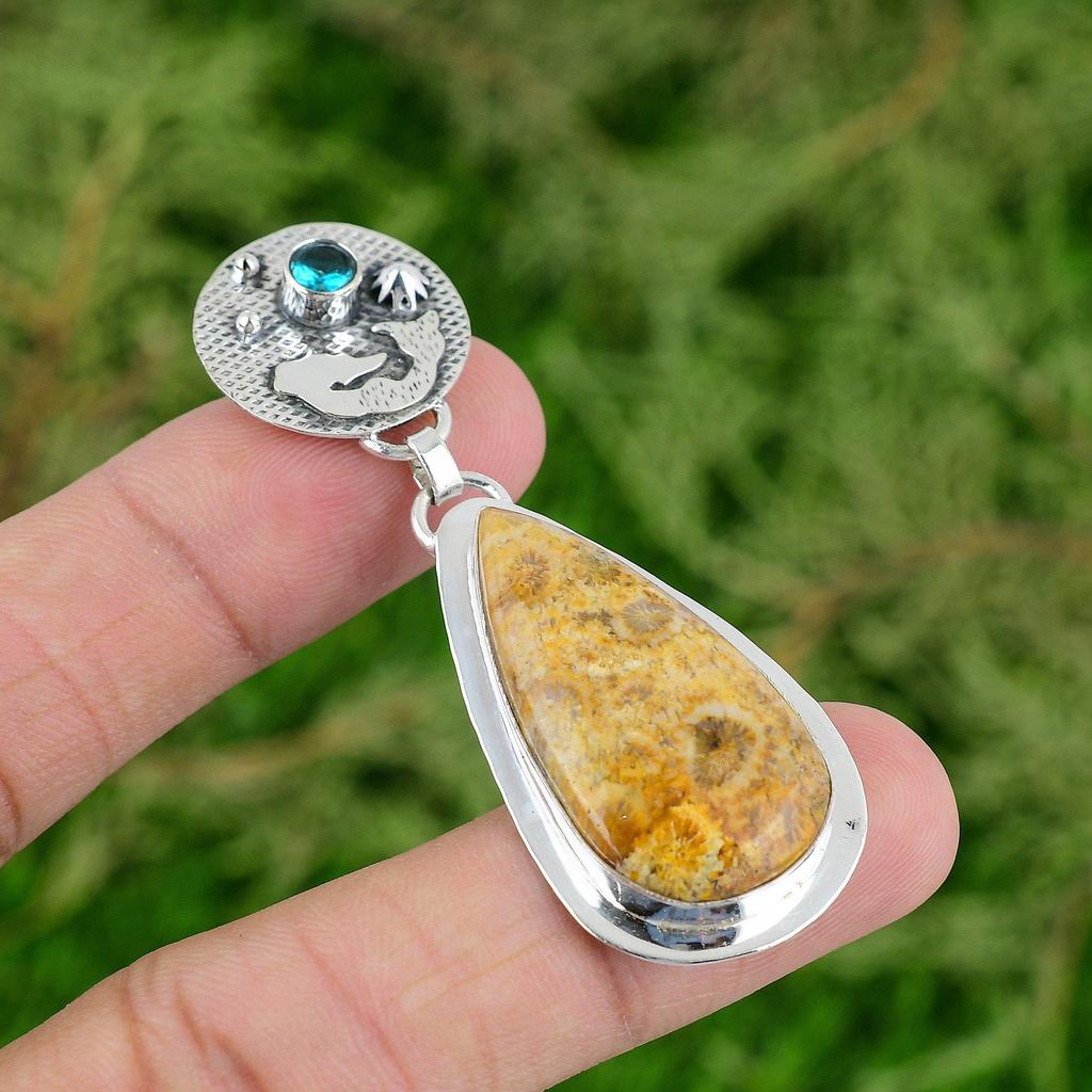 Natural Fossil Coral Swiss Blue Topaz Sterling Silver Mermaid Pendant Jewelry