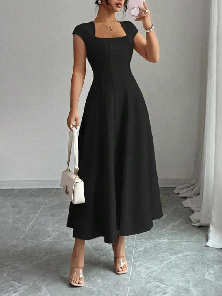 European & American Style Women's Square Neck Short Sleeve Long Dress